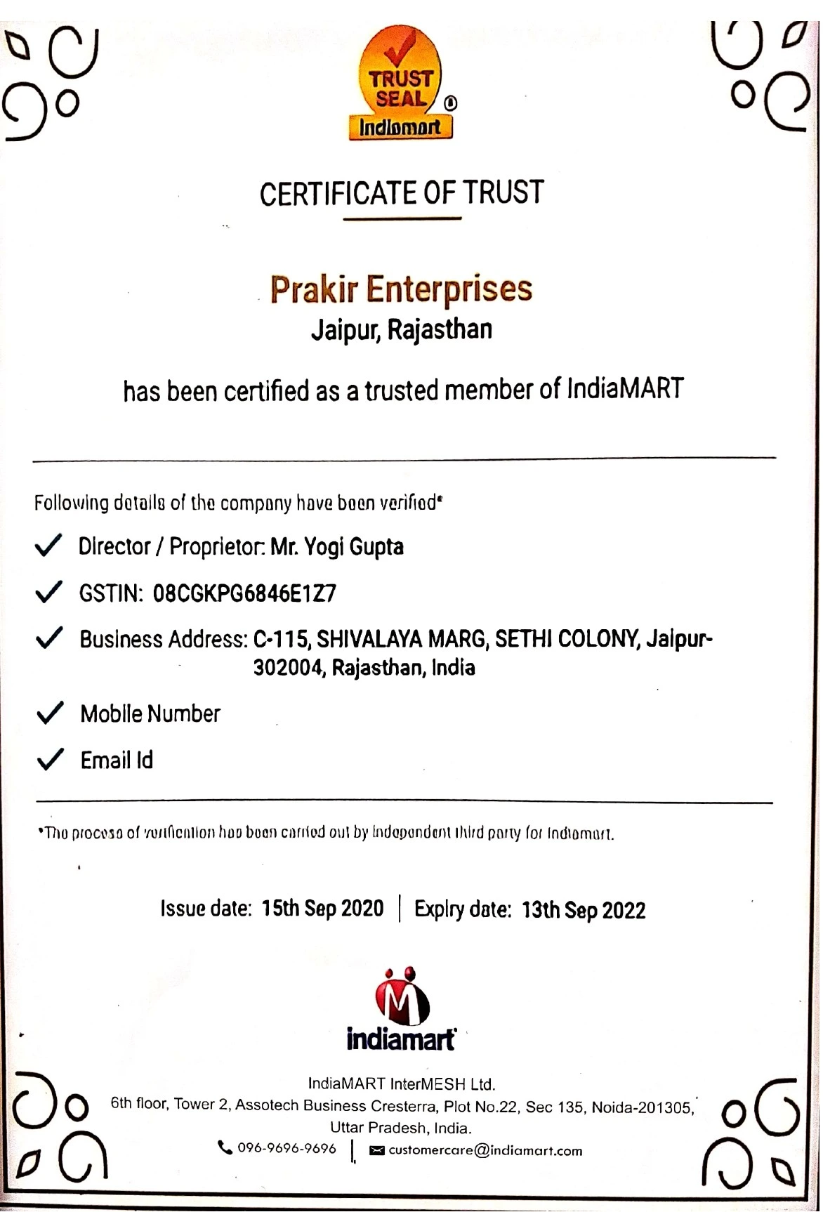 IndiaMART Certificate of Trust — Shubh Enterprises