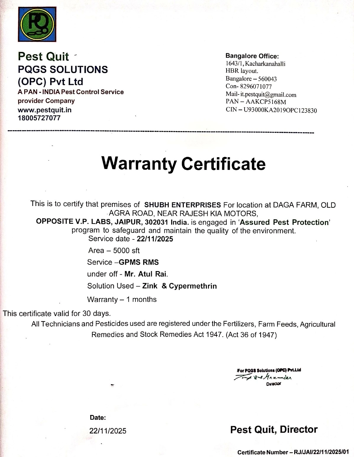 Pest Control Service Warranty Certificate — Shubh Enterprises