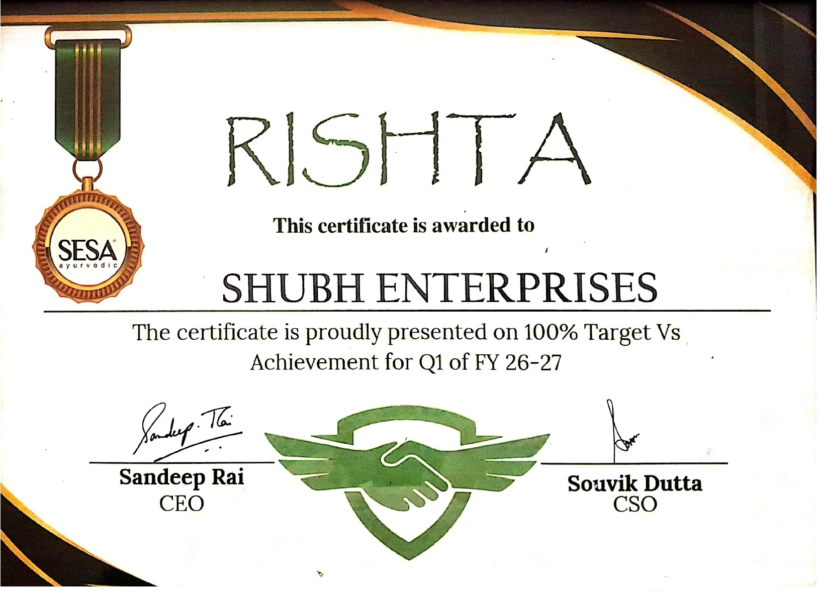 SESA Ayurvedic RISHTA Certificate — Shubh Enterprises