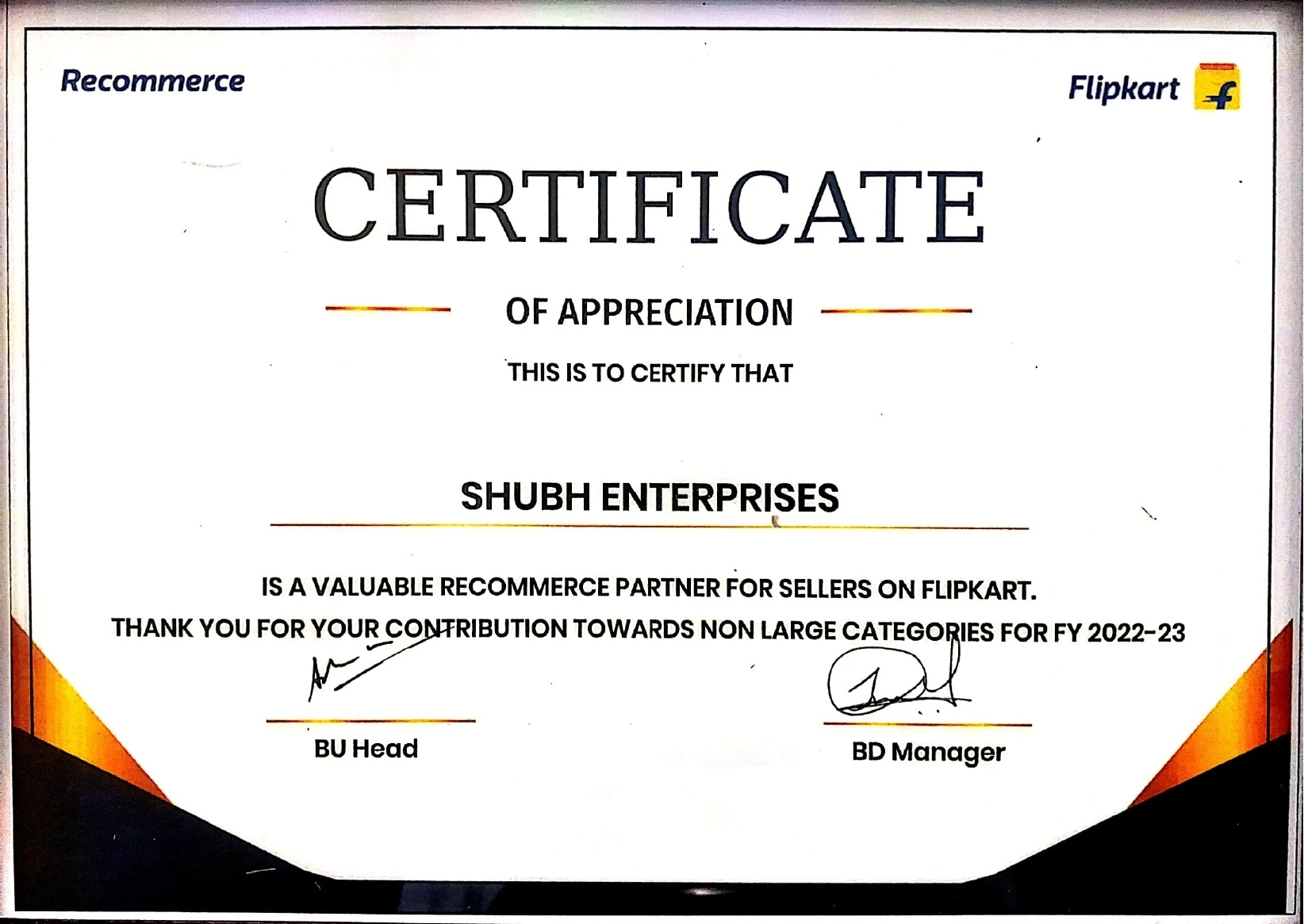 Flipkart ReCommerce Partner Certificate — Shubh Enterprises
