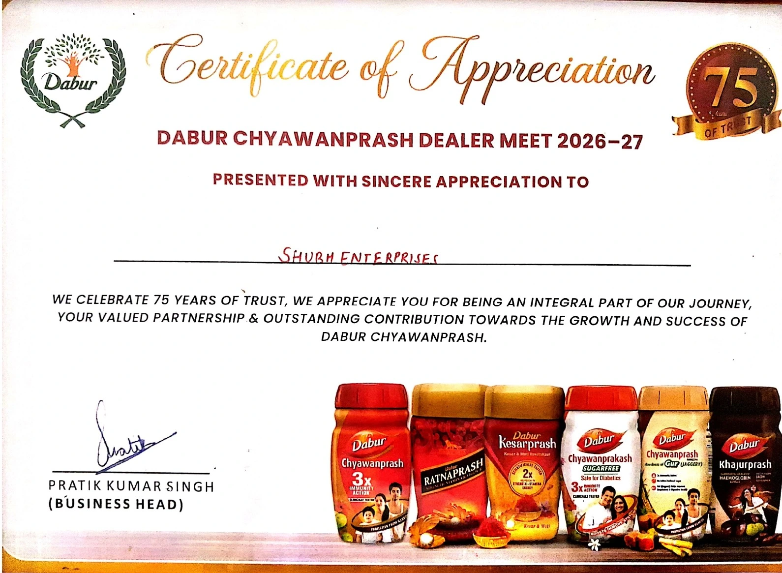 Dabur Dealer Meet Certificate of Appreciation — Shubh Enterprises